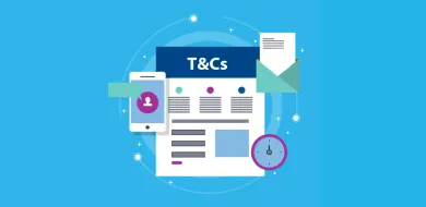 The image shows a T&Cs document with icons surrounding it - mobile, email and a clock.